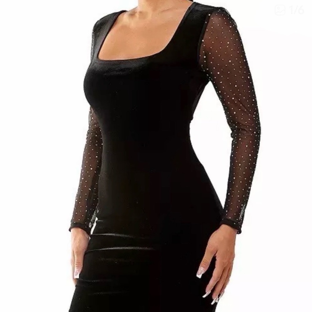 City Studio Black Velvet Bodycon Dress Pearl Mesh Sleeve Square Neck Cut-Out S